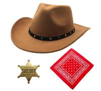 Raveparty Brown Cowboy Hat, Cowboy Hats for Men, Cow Boy Hat Set with Western Hats Police Badge Scarves for Music Show Carnivals Halloween Christmas (N)