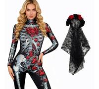 Raveparty Day Of The Dead Costumes for Women, Skeleton Costume Women, Women's Halloween Costumes with Jumpsuit Day Of The Dead Headband Face Tattoo for Halloween Costume (Style A, 2XL)