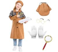 Raveparty Detective Costume for Kids, Detective Costume with Hat Glasses Magnifying Glass Gloves for Boys Girls World Book Day Cosplay Party (Brown, L)