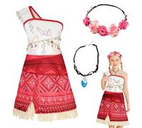 Raveparty Girls Princess Dress, Ocean Princess Dress Up, Girls Costume with Necklace Wreath for Kids Girl Cospaly Party Seaside Vacation (Red, 140)
