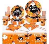 Raveparty Halloween Paper Plates, Halloween Party Tableware, Tableware Set with Plates Cups Napkins Tablecloth Banner for Halloween's Party (C)
