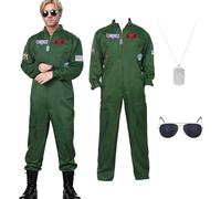 Raveparty Pilot Costume for Men, Pilot Fancy Dress Set with Army Metal Name Tag Sunglasses for Halloween Cosplay Party Pilot Theme Party (M)