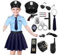 Raveparty Police Costume Kids Girls, Kids Police Costume with Walkie-Talkie Whistle Tie Badge for Girls Cosplay Party World Book Day (Girl, M)