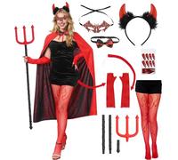 Raveparty Red Devil Costume Women, Ladies Devil Costume, Horns Cape and Tail Halloween Costumes for Women
