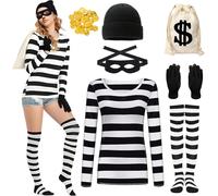 Raveparty Robber Costume Kids, Kids Burglar Costume, Thief Costumes with Swag Bag Robber Mask Hat for Boys Girls World Book Day Costumes (Women, L)