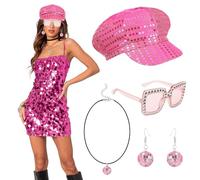 Raveparty Sequin Hat Abba Accessories Disco Accessories for Women with Hat Glasses Earrings for Women 70s Disco Retro Party (Pink)