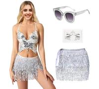 Raveparty Sequin Skirt, Sparkly Skirt, Glitter Tassel Skirts Belly Dancer Costume Women with Glasses Face Diamond for Woman Girl Carnival Dance Show (UK, Alpha, One Size, Regular, Regular, Silver)