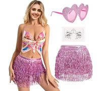 Raveparty Sequin Skirt, Sparkly Skirt, Glitter Tassel Skirts Belly Dancer Costume Women with Glasses Face Diamond for Woman Girl Carnival Dance Show (UK, Alpha, One Size, Regular, Regular, Pink)