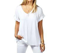 Ravi Fashion Women's V-Neck Short Turn Up Sleeve T-Shirt Plus Size Baggy Plain Top for Ladies White