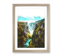 Ravine Between Mountains In Iceland Painting Modern Framed Wall Art Print, Ready to Hang Picture for Living Room Bedroom Home Office Décor, Oak A4 (34 x 25 cm)