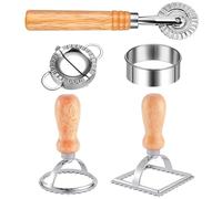 Ravioli Cutter Set, 5PCS Dumpling Maker Set, Ravioli Maker Stamp Cutter with Roller Wheel Set, Pasta Maker Mold with Wooden Handle, Fluted Edge Pasta Press for Home Kitchen DIY