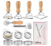 Ravioli Maker, 15 Pcs Dumpling Maker with Roller Wheel Set, Pasta Maker Mold with Wooden Handle and Fluted Edge, Ravioli Cutter and Press Stamp for Ravioli Pastry Empanadas and Home Kitchen DIY