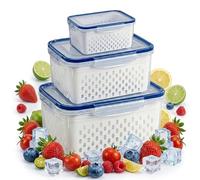 Ravionelle 2026 NEW 4 in 1 Food Storage Container, Berry Containers For Fridge & Veggie Tray With Lid For Fridge, Fruit Bowl With Removable Draining Colander (Blue,S+M+L)