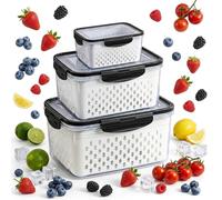 Ravionelle 2026 NEW 4 in 1 Food Storage Container, Berry Containers For Fridge & Veggie Tray With Lid For Fridge, Fruit Bowl With Removable Draining Colander (Grey,S+M+L)