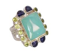 Ravishing Impressions 925 Silver Blue Agate Peridot Iolite Ring 20x18mm 6x4mm 3mm Cabochon Adjustable Handmade Boho Jewelry Natural Gemstone Gift for Women Size- 5.5_K 1/2_51 (16.2)