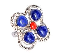 Ravishing Impressions 925 Silver Lapis Lazuli Red__Coral Ring 9x9mm 5mm Round, Trillion Cabochon Bezel Adjustable Handmade Gemstone Jewelry Boho Gift for Women Unique Size- 7.5_O 1/2_56 (17.80)