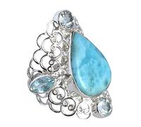 Ravishing Impressions 925 Silver Larimar Blue Topaz Ring 20x15mm 10x5mm 6mm Pear Round Cabochon Adjustable Handmade Boho Jewelry Gemstone Gift for Her Size- 8_P 1/2_57 (18.1)