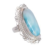 Ravishing Impressions 925 Silver Larimar Ring 26x11mm Marquise Oval Round Cabochon Blue Bezel Adjustable Natural Stone Handmade Boho Jewelry Gift for Women Size- 7_N 1/2_54 (17.20)