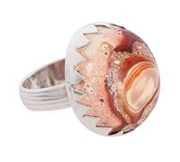 Ravishing Impressions 925 Silver Mexican Fire Opal Ring 18x14mm Oval Cabochon Peach Multi Bezel Adjustable Natural Gemstone Handmade Jewelry Gift for Women Size- 8.5_Q 1/2_58 (18.5)