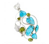 Ravishing Impressions 925 Sterling Silver Arizona Turquoise Peridot Pendant White Rhodium Plated Oval Pear Bezel Set Blue Natural Gemstone Handmade Artisan Women's Jewelry