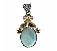 Ravishing Impressions 925 Sterling Silver Black Rhodium Yellow Gold Plated Pendant with Chain Larimar Oval Cabochon 16x22mm Blue Gemstone Jewelry Gift for Women Christmas Anniversary