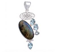 Ravishing Impressions 925 Sterling Silver Labradorite Blue Topaz Pendant Bezel Set Oval Natural Multicolor Gemstone Handmade Artisan Contemporary Statement Women's Jewelry