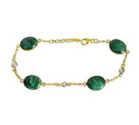 Ravishing Impressions 925 Sterling Silver Malachite Crystal Quartz Bracelet 9.84 Inches Yellow Gold Plated Green White Gemstone Bezel Set Oval Cabochon Statement Jewelry