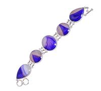 Ravishing Impressions 925 Sterling Silver Moss Agate Bracelet 9.45 Inches White Rhodium Plated Pear Round Oval Cabochon Bezel Set Toggle Clasp Multi Color Statement Jewelry for Women