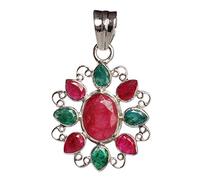 Ravishing Impressions 925 Sterling Silver Pendant Necklace Corundum Ruby 14x10mm Emerald Pear Oval Faceted Red Green Handmade Jewelry Gift for Women Anniversary