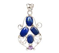 Ravishing Impressions 925 Sterling Silver Pendant Necklace Lapis Lazuli Amethyst Oval Rectangle Round Cabochon Blue Purple Bezel Handmade Gemstone Jewelry Gift