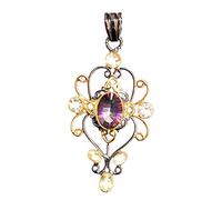 Ravishing Impressions 925 Sterling Silver Pendant with Chain Black Rhodium Yellow Gold Plated Rainbow Quartz Citrine Bezel Oval Round Faceted Multicolor Jewelry