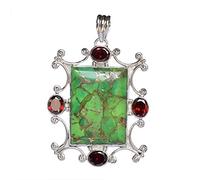 Ravishing Impressions 925 Sterling Silver Pendant with Chain Green Copper Turquoise Garnet Multicolor Rectangle Oval Cabochon Necklace Handmade Gift for Christmas