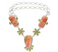 Ravishing Impressions 925 Sterling Silver Pink Opal Peridot Necklace Pear Rectangle Oval Round Cabochon Artisan Statement Gemstone Jewelry Women Fashion Wear 22 Inch Chain Designer Accessories