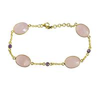 Ravishing Impressions 925 Sterling Silver Rose Quartz Amethyst Bracelet 9.45 Inches Yellow Gold Plated Pink Purple Gemstone Bezel Set Oval Cabochon Statement Jewelry for Women