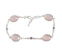 Ravishing Impressions 925 Sterling Silver Rose Quartz Amethyst Bracelet for Women White Rhodium Bezel Set Oval Round Cabochon Gemstone Jewelry Gift for Her 9.1 Inches Lobster Clasp