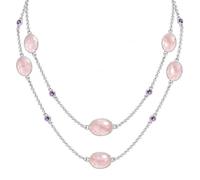 Ravishing Impressions 925 Sterling Silver Rose Quartz Amethyst Necklace Oval Round Cabochon Artisan Statement Gemstone Jewelry Women Fashion Wear 37 Inch Chain Designer Accessories