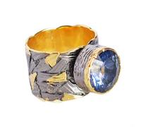Ravishing Impressions Blue Rainbow Quartz Adjustable Ring Black Rhodium Yellow Gold Plated Bezel Set Round Faceted 13mm Gemstone Ring Bold Statement Jewelry Gift for Women-T 1/2