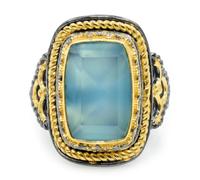 Ravishing Impressions Chalcedony Statement Ring Black Rhodium Gold Plated Blue Rectangle Faceted Bezel Set Silver Ring for Women Bold Gemstone Jewelry V1/2,65(20.7)