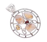 Ravishing Impressions Golden Rutile (16x11mm), Citrine & Garnet Oval & Fancy Pendant Necklace in 925 Sterling Silver - Luxurious Golden and Red Gemstone Jewelry