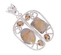 Ravishing Impressions Golden Rutile & Citrine Multi-Stone Pendant Necklace in 925 Sterling Silver - Elegant Golden & Yellow Jewelry