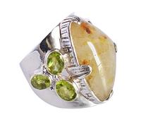Ravishing Impressions Golden Rutile Peridot Statement Ring White Rhodium Plated Prong Set Fancy Oval Cabochon Gemstone Ring 26x15mm 7x5mm Bold Unique Designer Ring Gift for Women-T 1/2