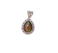 Ravishing Impressions Green Fire Ammolite Pendant Necklace - 15x10mm Pear Gemstone with White Topaz - Rose Gold Plated 925 Sterling Silver - Handmade Canadian Jewelry - Elegant Gift for Women