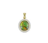 Ravishing Impressions Green Fire Ammolite Pendant Necklace - 15x17mm Round Gemstone with White Topaz Accents - Yellow Gold Plated 925 Silver - Rare Handmade Canadian Jewelry - Elegant Gift for Women