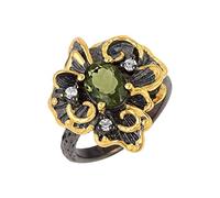 Ravishing Impressions Handcrafted Moldavite and Cubic Zirconia Ring Prong Set Oval and Round Green Faceted Stones 7x5mm 2mm 6.6g Statement Jewelry Gift Q1/2, 58(18.5)