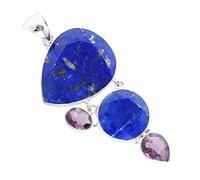 Ravishing Impressions Lapis Lazuli & Amethyst Multi-Stone Pendant Necklace in 925 Sterling Silver - Pear & Round Cut Blue Gemstones