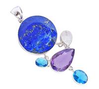 Ravishing Impressions Lapis Lazuli, Amethyst, Rainbow Moonstone & Blue Quartz Multi-Gemstone Pendant Necklace in 925 Sterling Silver - Round & Pear Cut Gemstones