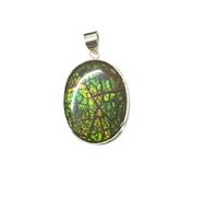 Ravishing Impressions Large Oval Ammolite Pendant Necklace - 925 Sterling Silver with Rhodium Plating - 50x30mm Statement Jewelry - Natural Green Fire Ammolite Gemstone - Bold & Unique Gift