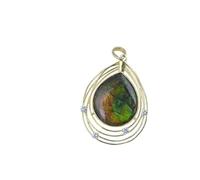 Ravishing Impressions Large Pear Shaped Green Fire Ammolite Pendant - 25x20mm Gemstone Necklace in Yellow Gold Plated 925 Silver with White Topaz - Handmade Statement Jewelry for Women