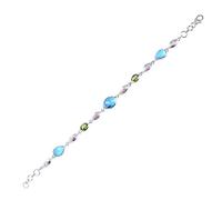 Ravishing Impressions Larimar Peridot Silver Bracelet 7.87 Inch Length White Rhodium Plated 925 Sterling Silver Blue Green Gemstone Bezel Set Pear Marquise Oval Cabochon Jewelry Gift