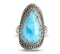Ravishing Impressions Larimar Statement Ring in White Rhodium Bezel Set Pear Sea Blue Cabochon Gemstone Beach Cocktail Ring for Women R1/2,60(19.10)